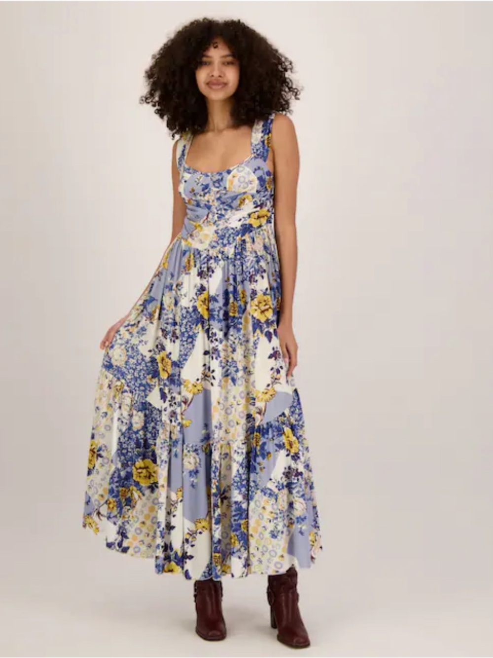 Free People Sasha Patchwork Floral Maxi Dress — Blue & Yellow